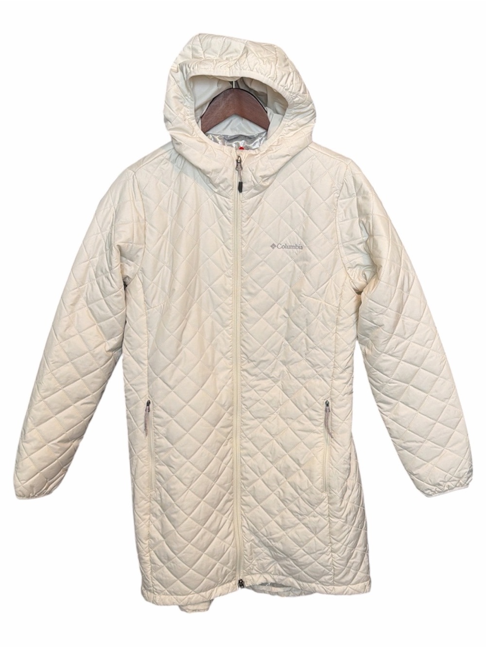 Columbia Omni heat puffer quilted jacket medium cream ivory long lightweight